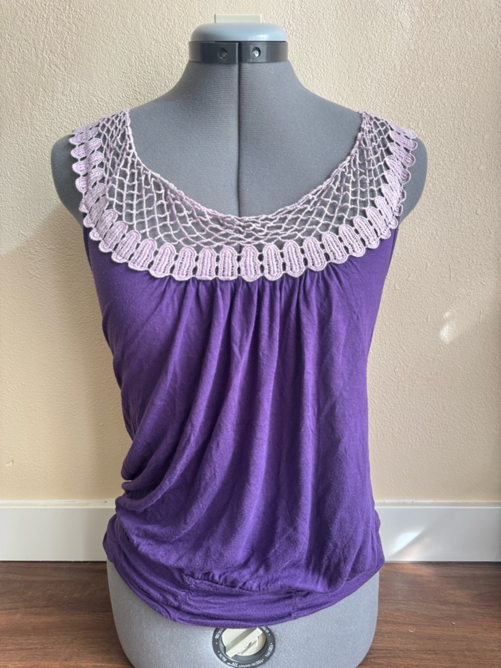 Y2K Made In USA Made Crochet Lace Trim Tank Top Purple Boho Peasant Festival - Picture 2 of 7